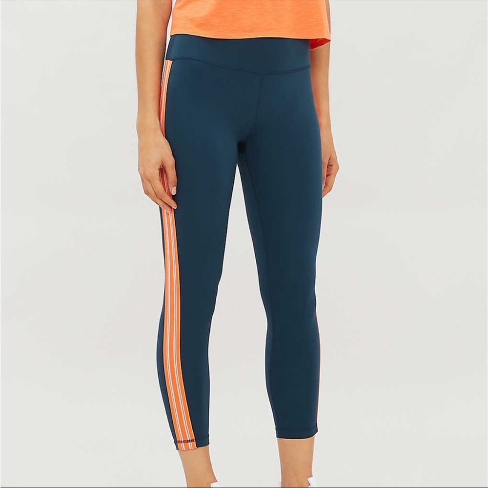 Sweaty Betty Navy Leggings with Coral Side Stripes